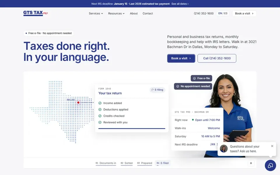 Página web de GTS Tax Pro en computadora