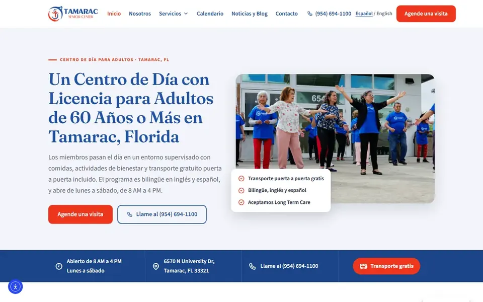 Página principal de Tamarac Senior Center en una computadora portátil, en español