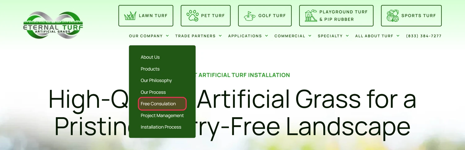 OUR COMPANY menu showing the Free Consulation typo
