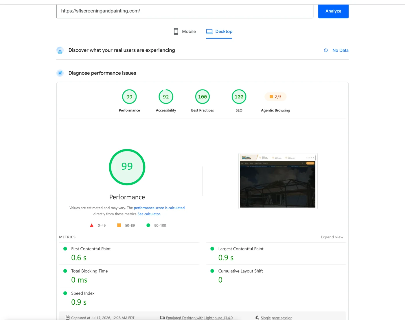 Google PageSpeed report for sflscreeningandpainting.com