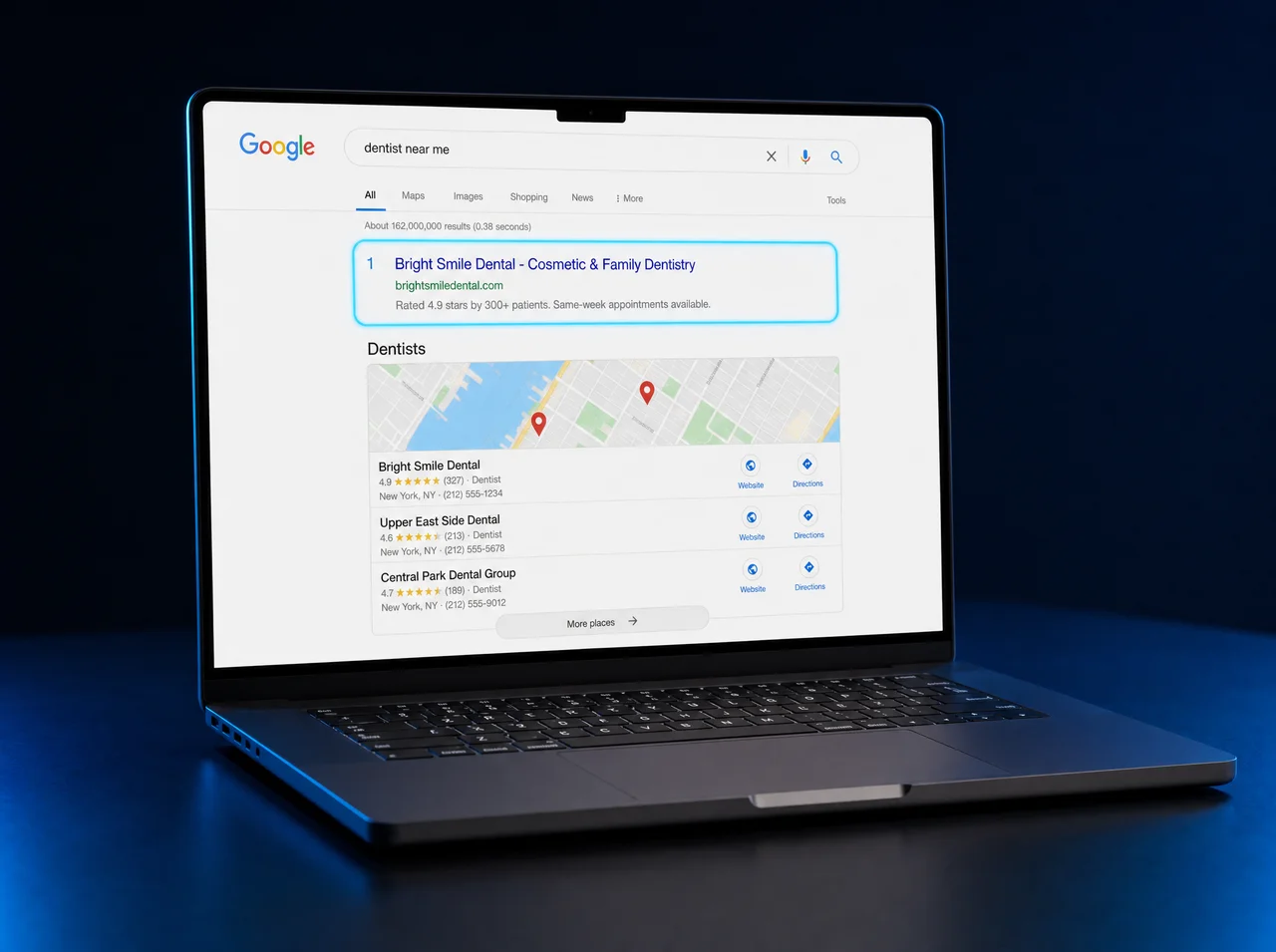 A local business ranking first on a Google search results page